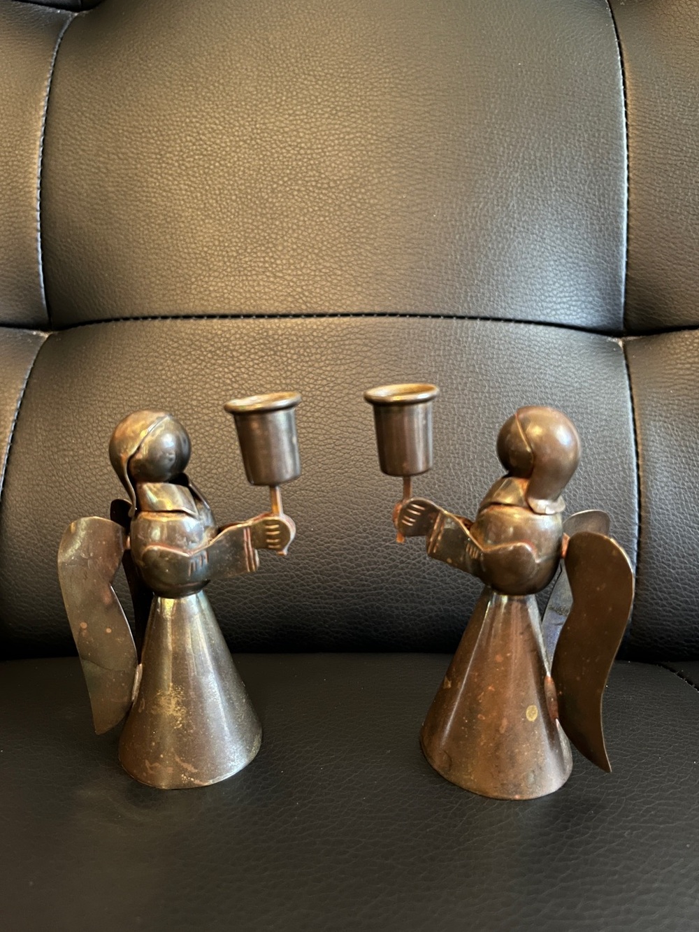Brass Angel Candle Holder Pair - Brown brass patina